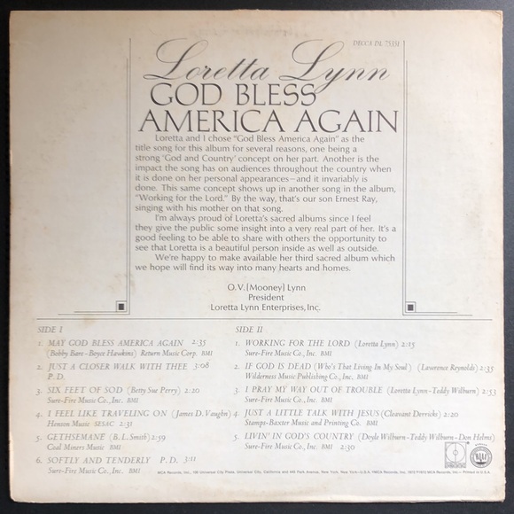 Loretta Lynn God Bless America Again Vinyl Lp '72 - Picture 3 of 8